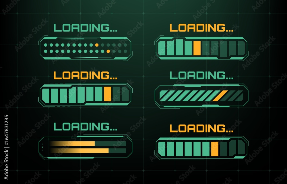 Aufkleber set of six futuristic hud loading bar designs. digital progress indicator for user interface and dat