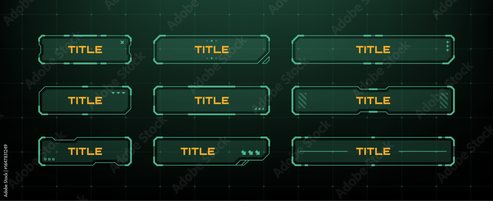 Poster hud vector graphics set for futuristic display interface. green digital user elements with button ti
