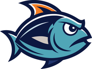 Fototapeta premium Aggressive blue fish mascot with orange fin detail