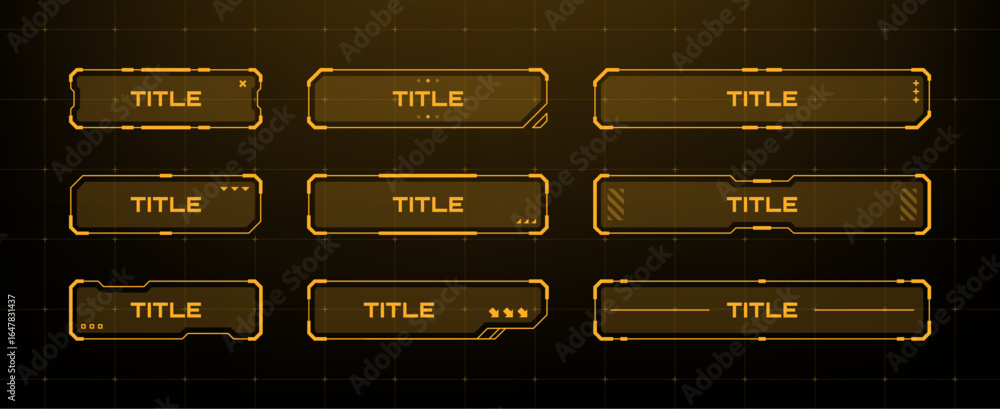 Aufkleber set of orange hud title frames. gaming user interface elements for futuristic game display. technolo