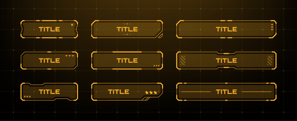 Set of orange hud title frames. Gaming user interface elements for futuristic game display. Technology vector illustration for ui design concept.