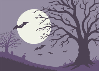 Halloween night illustration with dark castle cemetery crosses, dead trees a