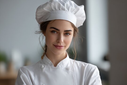 Confident female chef wears a white coat and hat while smiling in a modern kitchen, showcasing her skills and passion for culinary arts in an inspiring environment