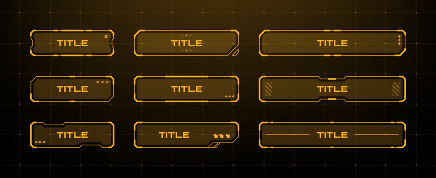 Set of orange hud title frames. Gaming user interface elements for futuristic game display. Technology vector illustration for ui design concept.
