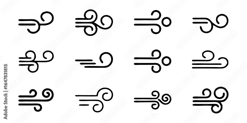 Poster wind icon set isolated on white background a collection of simple line art designs representing air 