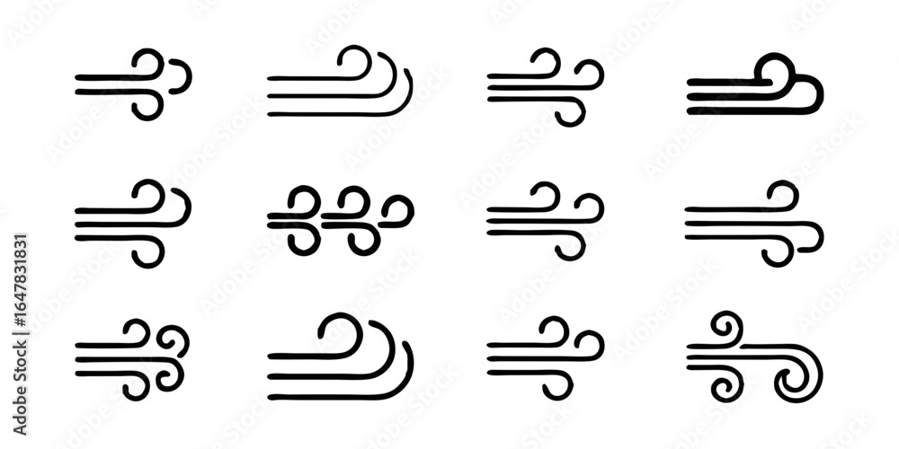 Poster wind icon set isolated on white background a collection of simple line art designs representing air 