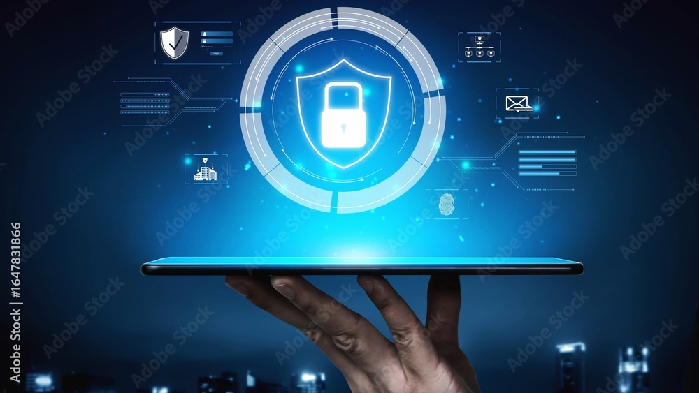 Poster cyber security protection and cyber security strategies against cyber threats, system hacks, digital