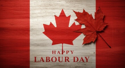 Happy labour day in canada with the canadian flag and a red maple leaf on a wooden background