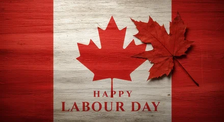 Fototapete Kanada Happy labour day in canada with the canadian flag and a red maple leaf on a wooden background  © Sabu Mia