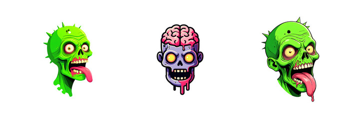 Obraz premium Three cartoon zombie heads with green skin and dripping blood isolated on transparent background