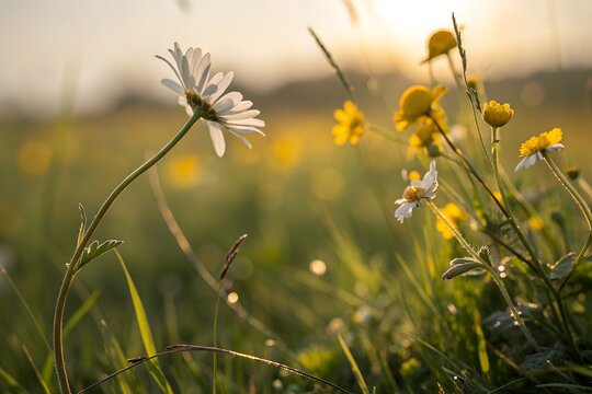 Closeup of a white daisy in a sunlit meadow with yellow wildflowers and bokeh background - Powered by Adobe