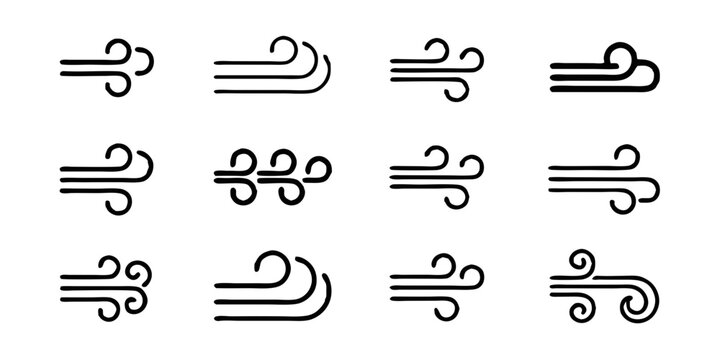 Wind icon set isolated on white background a collection of simple line art designs representing air flow, breeze, and weather elements, perfect for graphics and illustrations