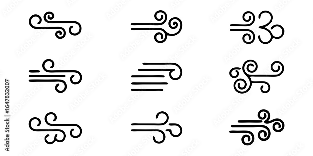 Poster set of wind flowing icons isolated on white background a collection of linear symbols representing a