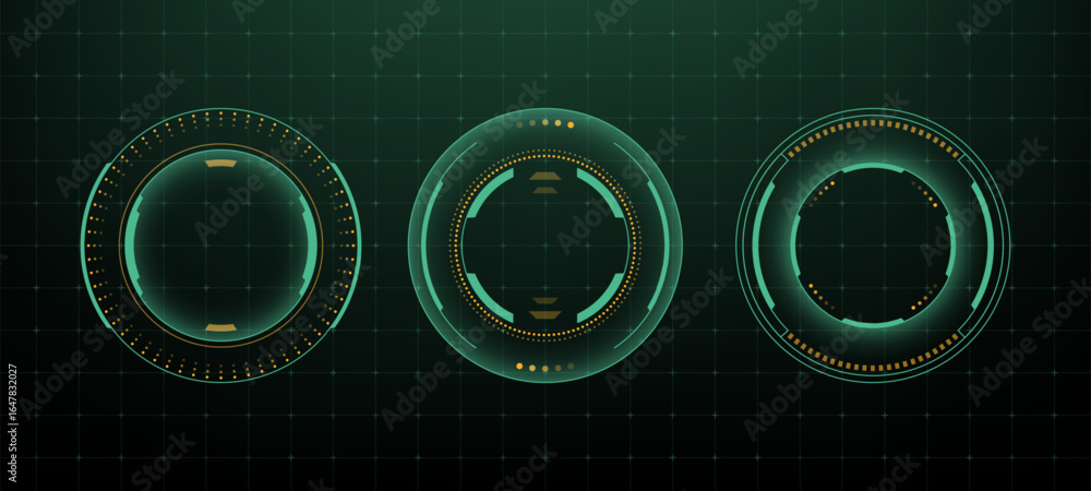 Poster set of three glowing hud vector graphics, round digital elements with circles and dots for sci-fi in