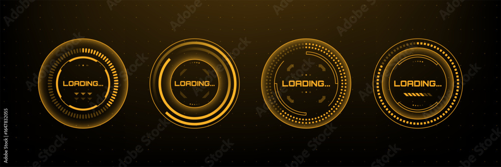 Poster set of four glowing orange circular futuristic loading bars with progress indicator on black grid fo