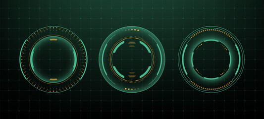Set of three glowing hud vector graphics, round digital elements with circles and dots for sci-fi interface or futuristic design © hiten666