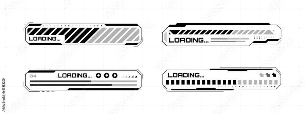 Poster head up display loading bars set. futuristic vector loading indicator designs for gui, software, and