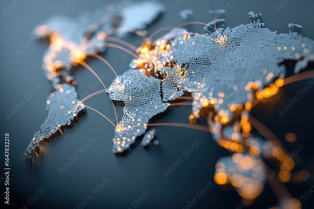 Poster world map illustrating global connectivity through social networks, highlighting data exchanges and 