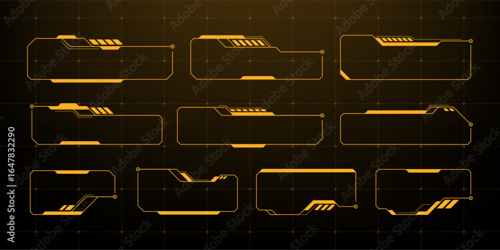 Poster set of orange hud frames and information boxes. digital hi tech interface element for futuristic ui 