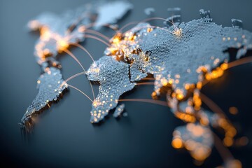 World map illustrating global connectivity through social networks, highlighting data exchanges and interlinkages among various regions