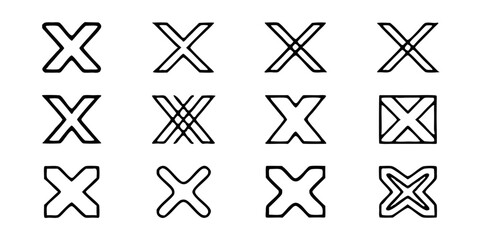 Collection of various x letter shapes isolated on white background, showcasing different styles and designs for logos, symbols, and graphic elements with abstract and artistic touch