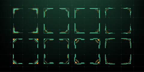 A set of hud vector graphics frames. Futuristic screen elements and interfaces. Digital technology and data concept for UI design.