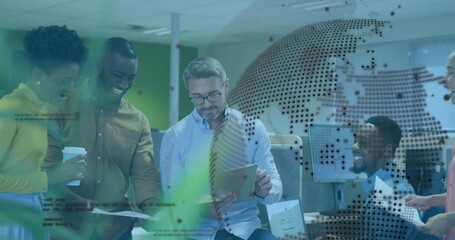 Team leader tapping tablet highlighting sales data while coworkers scanning binder with map overlay - Powered by Adobe