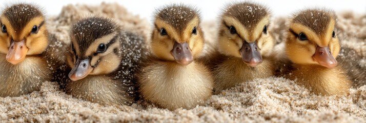 Five ducklings resting together in soft sand during a sunny day at a local pond