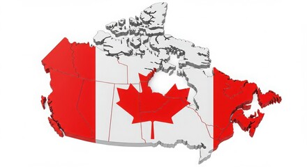 A 3d rendering of the canadian map with the canadian flag draped over it on a white background