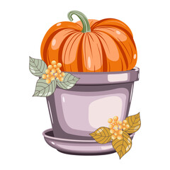 Pumpkin in the pot with decorative leaves and berries vector illustration 