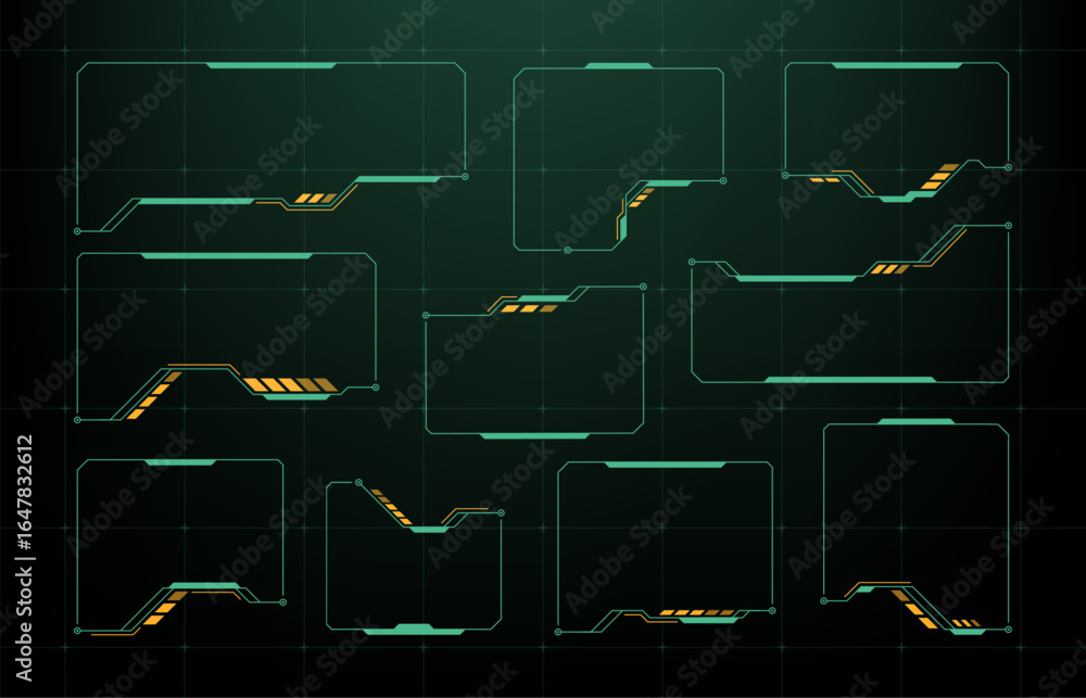 Poster hud vector graphic elements set on grid background. futuristic ui interfaces for game, design, digit