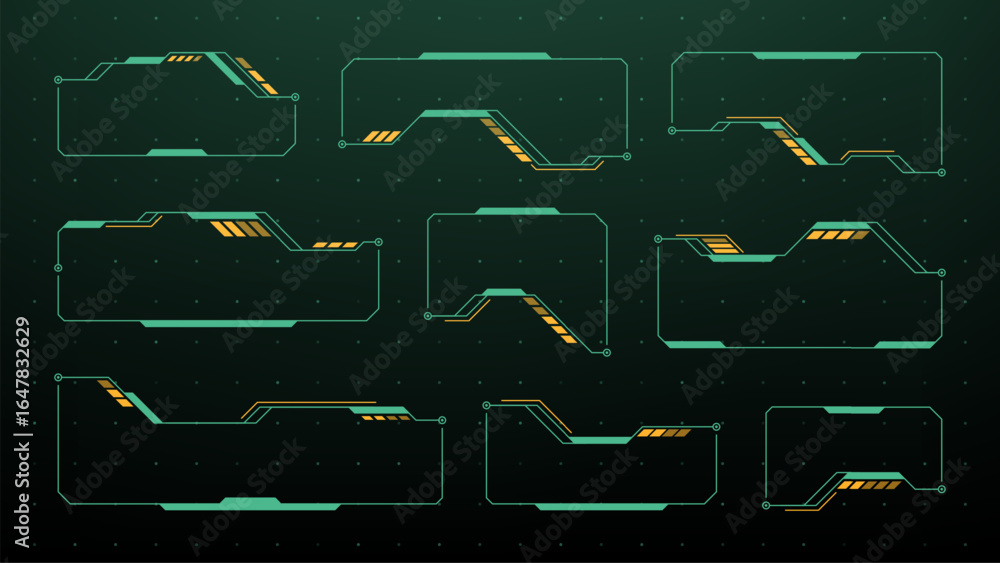 Poster set of green and orange futuristic hud vector graphics. modern ui element frames and interface for d