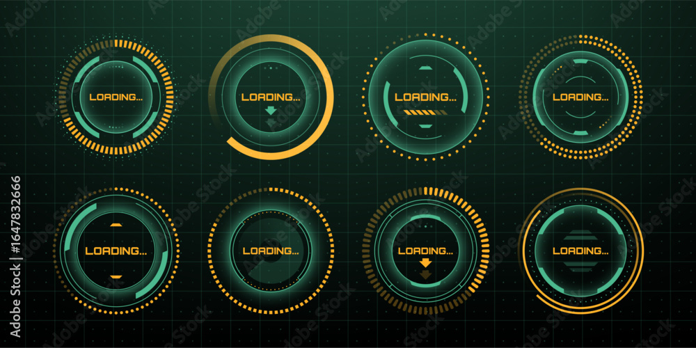 Poster set of eight futuristic green and yellow hud loading indicators on a dark background. progress bar w