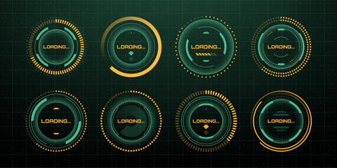 Set of eight futuristic green and yellow hud loading indicators on a dark background. Progress bar with digital interface.