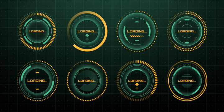 Set of eight futuristic green and yellow hud loading indicators on a dark background. Progress bar with digital interface.