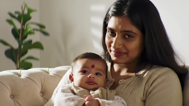 indian mother cradles happy baby indoors