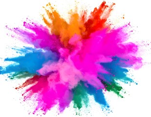 Explosion of colorful powder paint cloud on a white background. Abstract vibrant dust splash for Holi festival or celebration.