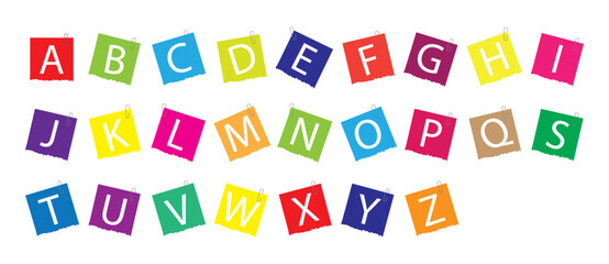 Colorful alphabet letters on paper notes with paperclips