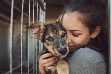 Young adult woman embraces adorable puppy in animal shelter during a heartwarming adoption event on a sunny afternoon in the city