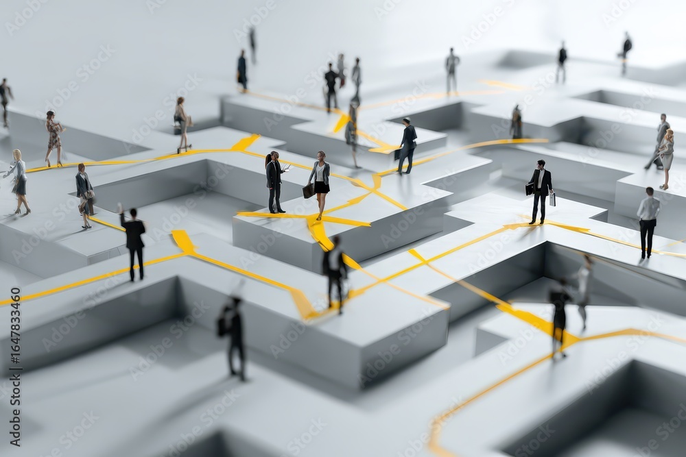 Poster conceptual artwork depicting remote workers navigating a complex maze representing digital collabora