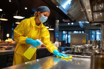 Employee in protective gear sanitizes kitchen surfaces during busy hours in a modern restaurant environment