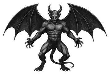 Fototapeta premium Scary devil showing claws and teeth spreading wings on transparent background