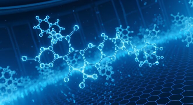 Molecular Structure Visualization with Blue Glowing Scientific Data Representation