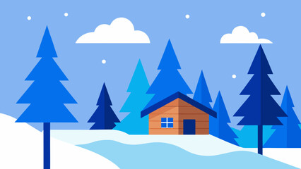 flat design winter forest with cabin