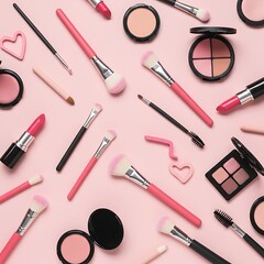 Flat Lay Collection of Pink Makeup Cosmetics on a Table