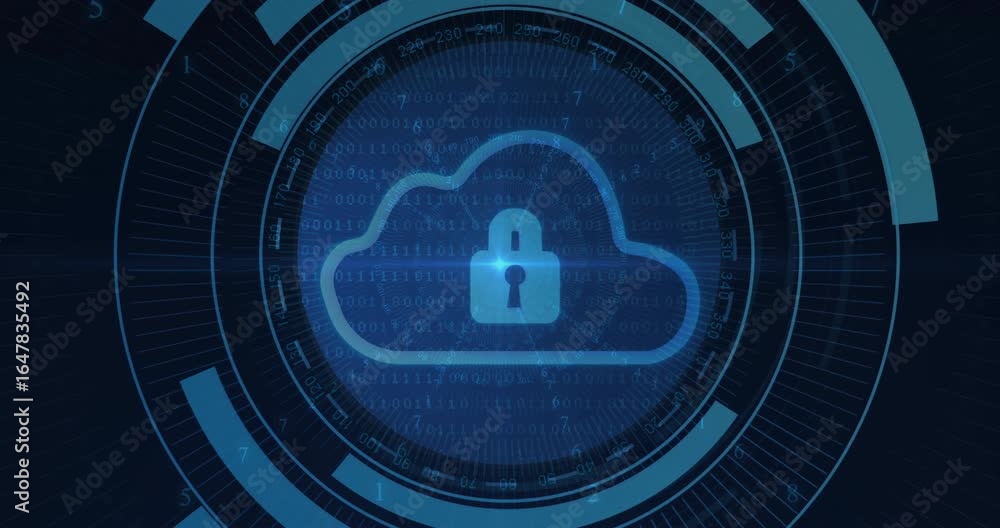 Poster glow starting digits radiating and spinning rings and cloud lock fading to show secure cloud system