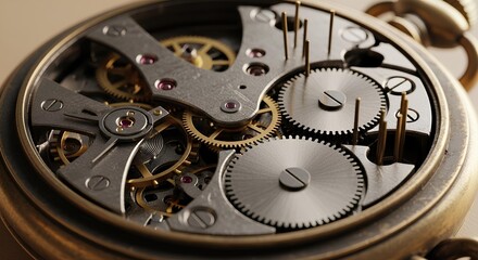 Intricate inner workings of a vintage pocket watch reveal complex mechanical design and