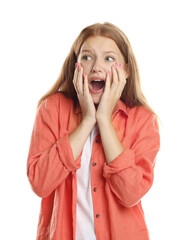 Teenage girl suffering from panic attack on white background