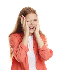 Teenage girl suffering from panic attack on white background