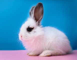 Obraz premium one cute fluffy little rabbit white hare animal close up sits on a pink blue background hare who needs a hairdresser